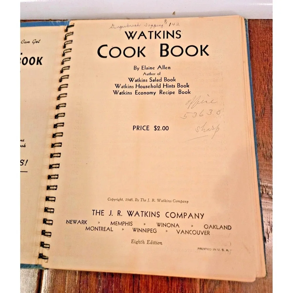 WATKINS COOKBOOK 1948 Spiral Bound by‎ J. R. Watkins Co Vintage 8th edition